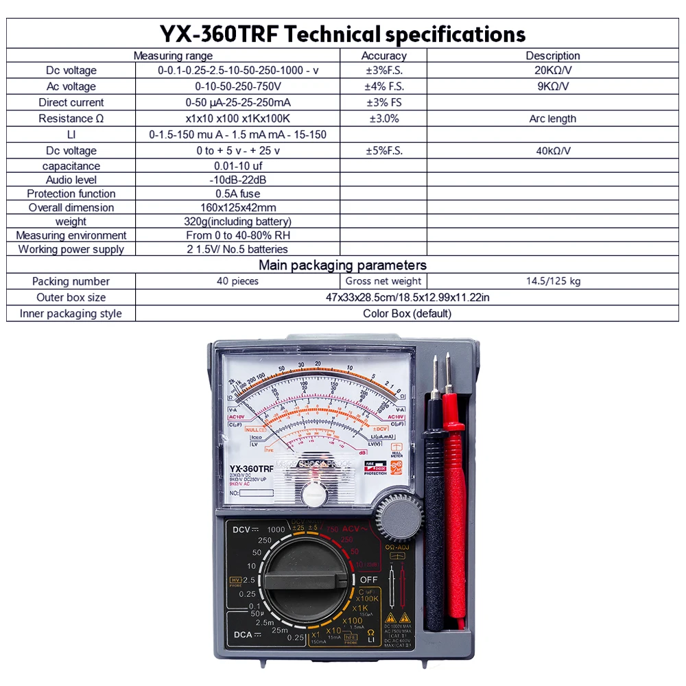 YX-360TRF YX360TRF multimetro analogico AC DC Tester di tensione misuratore di resistenza di capacità voltmetro amperometro con sonda di prova