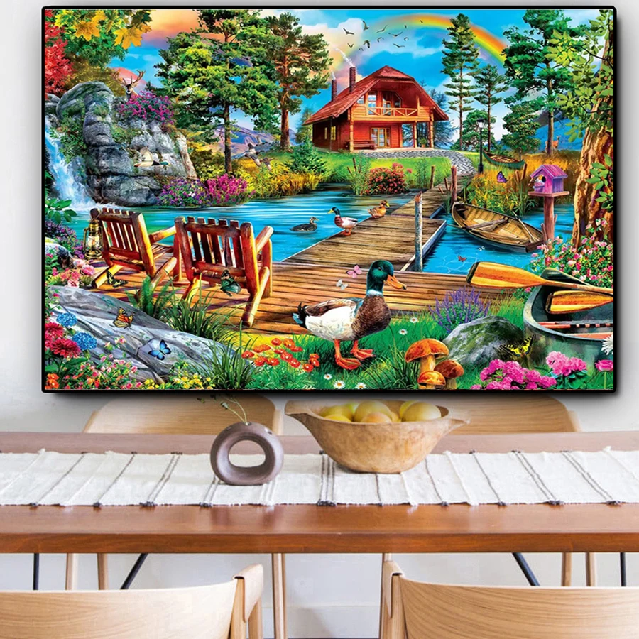 Rainbow 5D Diamond Painting House Garden Newest DIY Diamond Embroidery Wooden Bridge Leisure Chair Spring Mosaic Cross Stitch