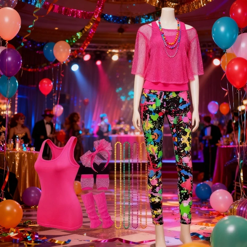 

Carnival 1980s Festival Party Prom Fishnet Mesh T-Shirt Gloves Foot Cover Vest Set