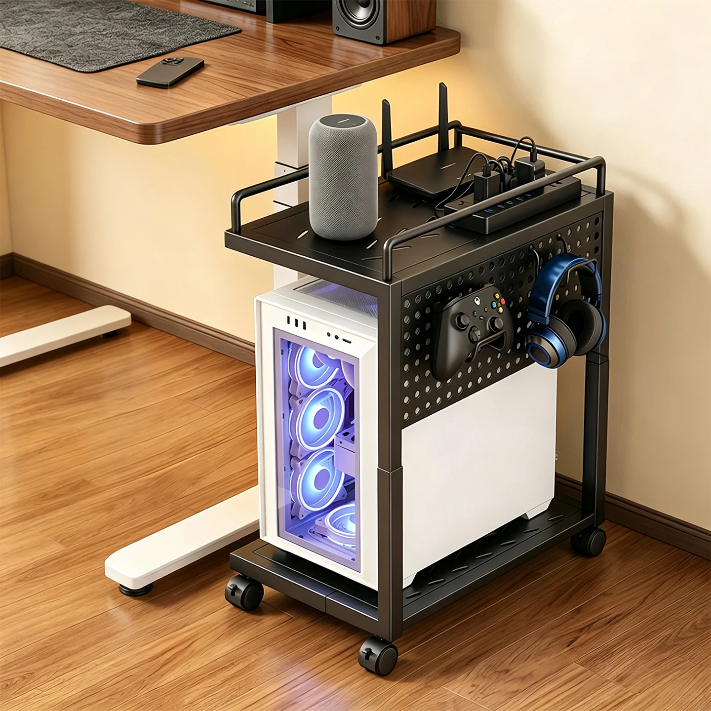 Retractable Computer Desktop Stand Base Office Host Placement Rack Wheel Mobile Computer Tower Bracket Support Plate
