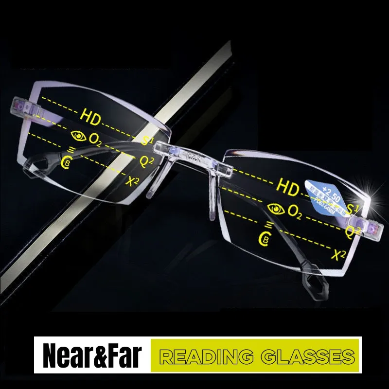 Classic Bifocal Dual-use Reading Glasses Men's Anti-blue Light Simple Slice Frameless Anti-radiation Presbyopia Diopter Eyewear