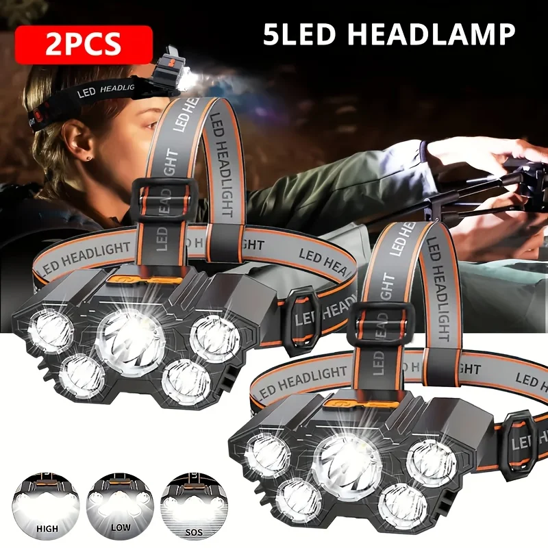 Перезаряжаемый налобный фонарь, 5 сверхярких светодиодов, легкий налобный фонарь с USB-аккумулятором, 3 режима