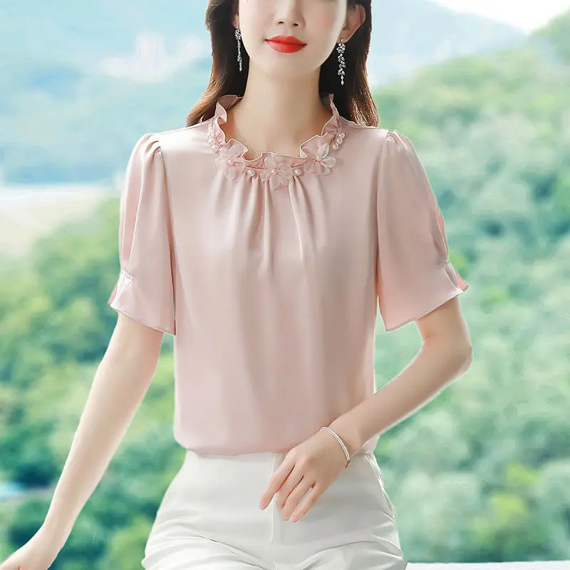 Blusa de satén con pliegues y cuello con volantes para mujer, camisa holgada de manga abullonada para oficina, ropa elegante para verano, novedad de 2024