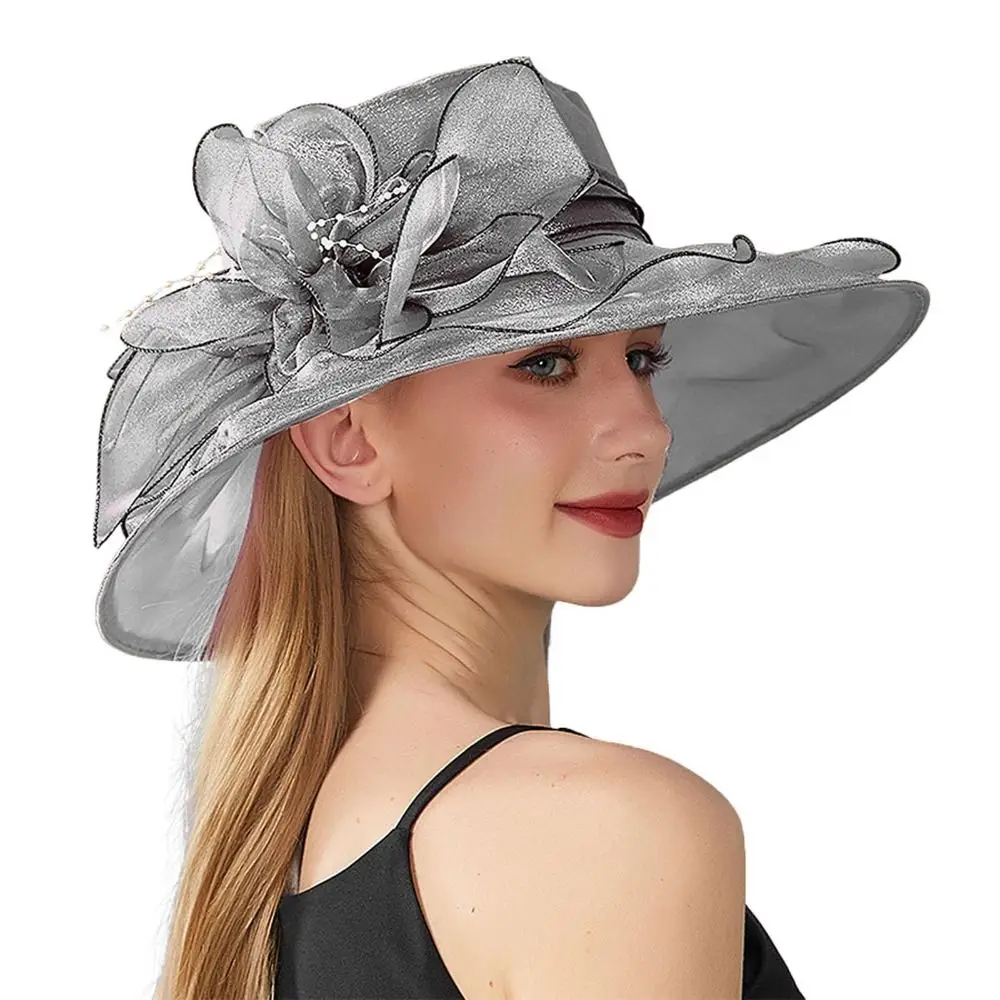 Solid Color Flowers Women Derby Hat Organza Wide Brim Summer Ruffles Sun Hat Foldable UV Protection Bridal Tea Party Wedding Hat