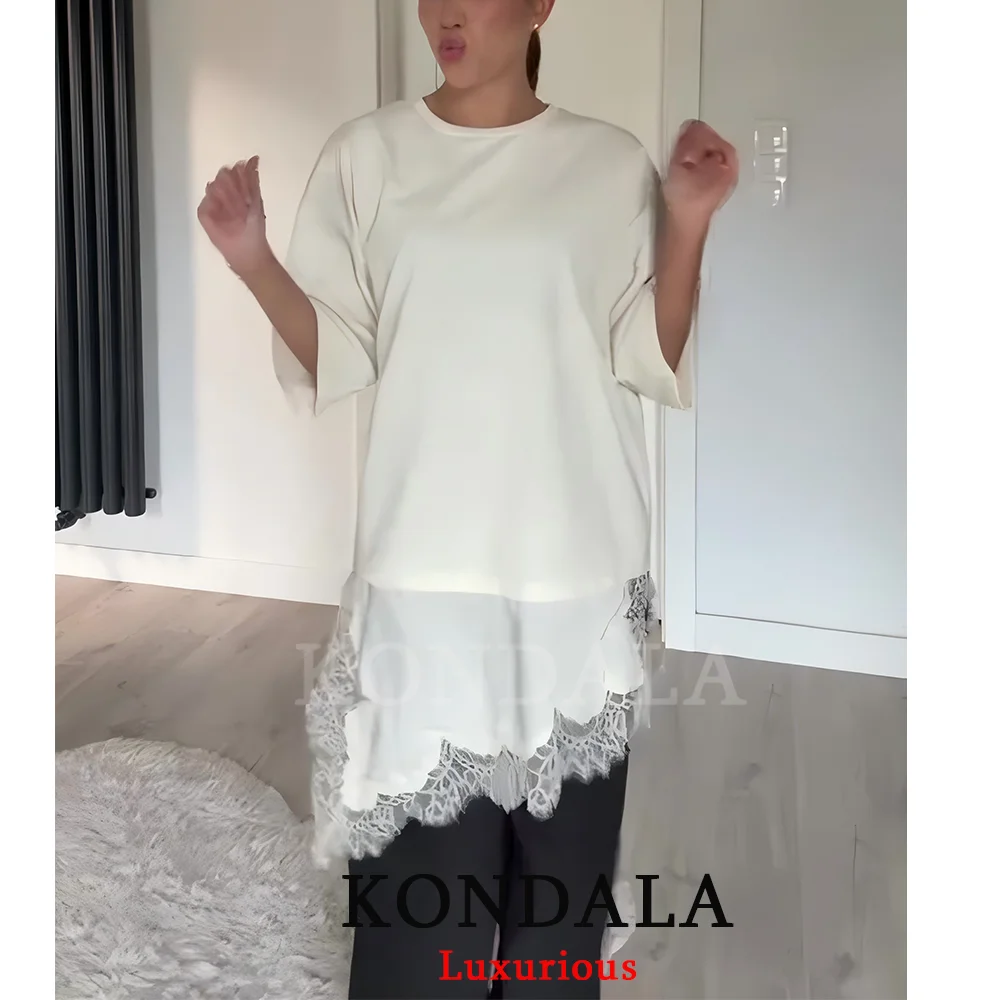 콘달라 캐주얼 시크 레이스 패치워크 티셔츠 여성용 O넥 반팔 루즈핏 여성 파티 탑 패션 2026 봄 Y2K 걸 시크 탑