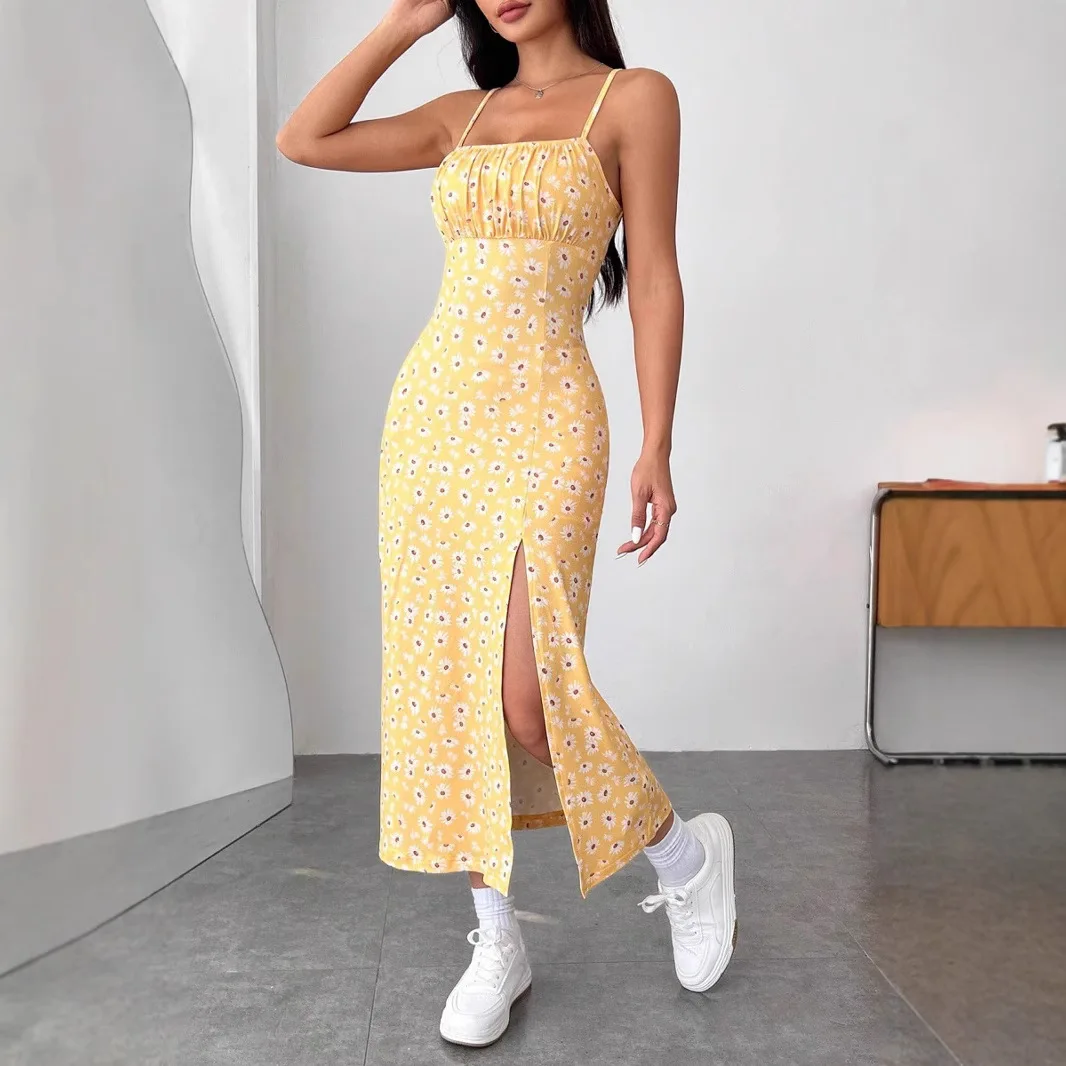 2025 Wiosna/lato Sukienka damska z szelkami, owinięta w klatkę piersiową, rozcięcie, mała stokrotka, nadruk owinięty biodrami, sukienka średniej wielkości