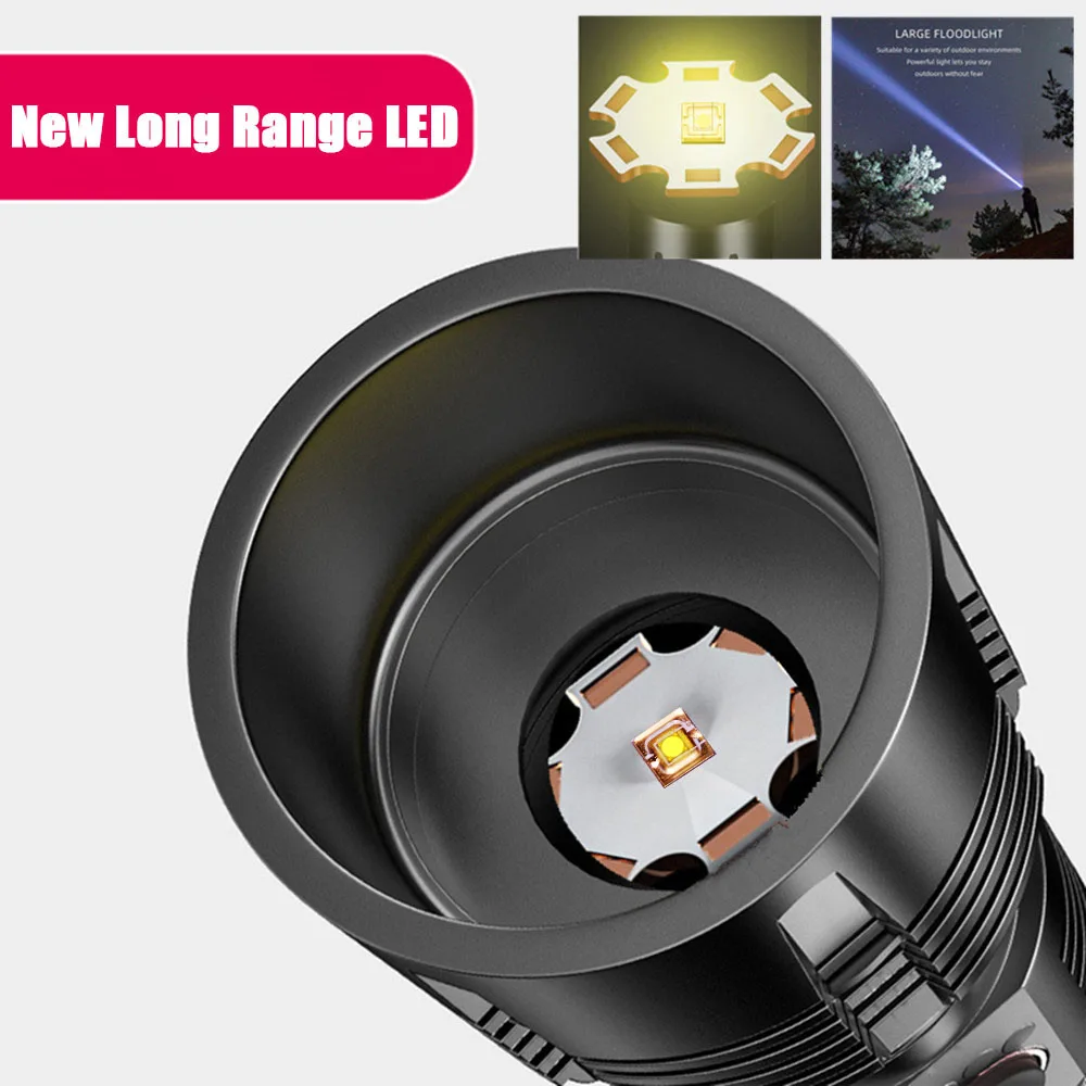 Shot-Range Brightest LED Powerful Flashlight Type-c Smart USB Rechargeable Zoom Tactical Lantern Long Shot Torch as Power Bank