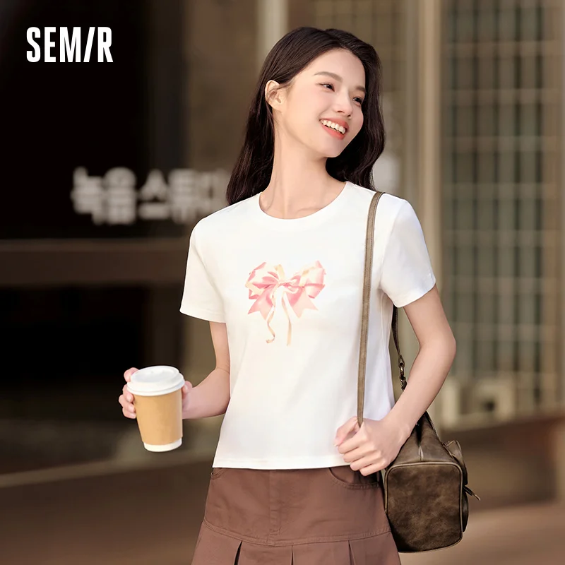 Semir Short-Sleeved T-Shirt Women Short Length Gentle And Slim Fit 2024 Summer New Sweet Butterfly Print Clothing