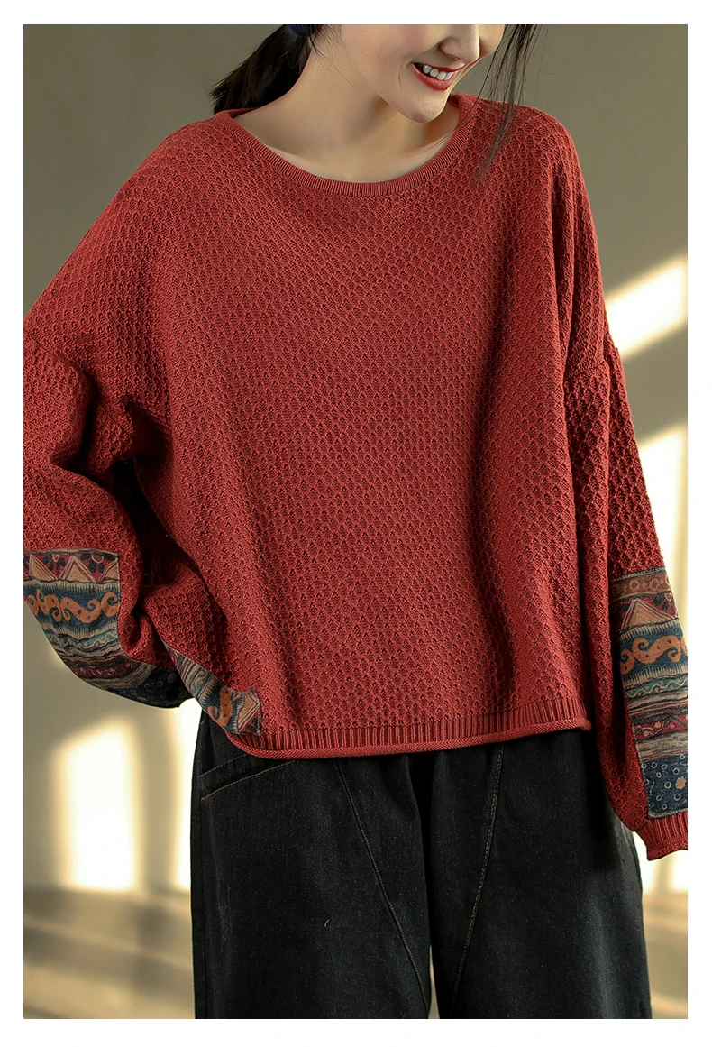 Vintage Print Patchwork Sweater Spring Fall Fashion Women\'s Loose Casual Long Sleeve Knitting Pullovers Female Elegance Knitwear