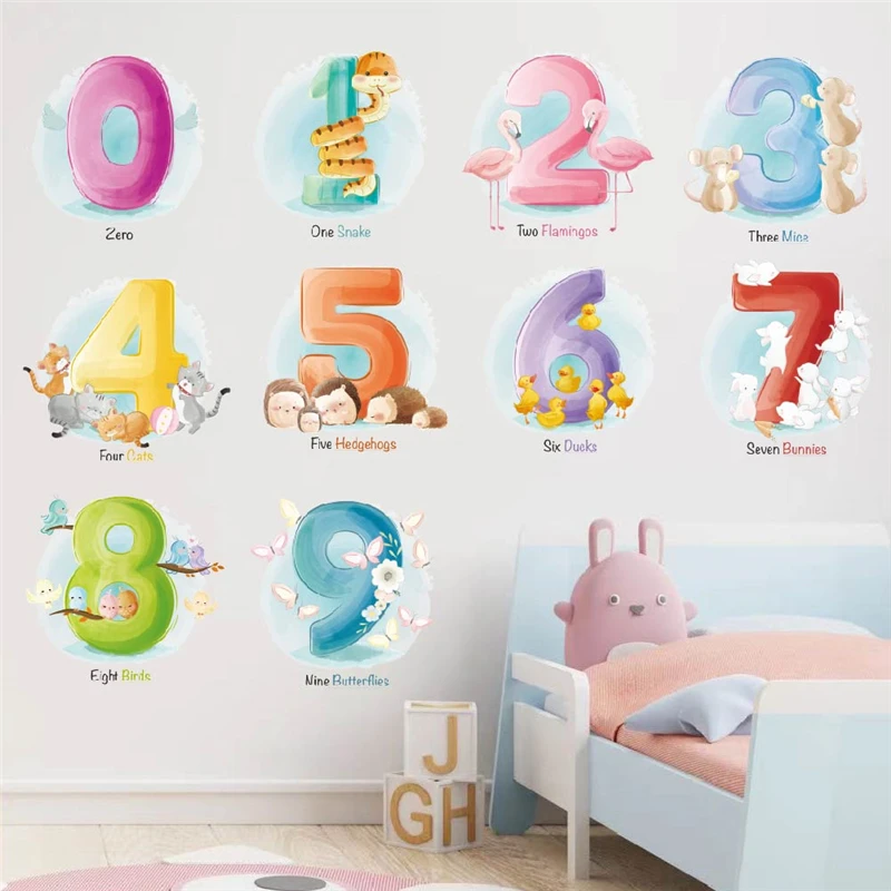 

Cute Animals Learning Numbers (0-9) Wall Stickers For Kids Bedroom Home Decoration Cartoon Mural Art Pvc Decals Nursery Posters