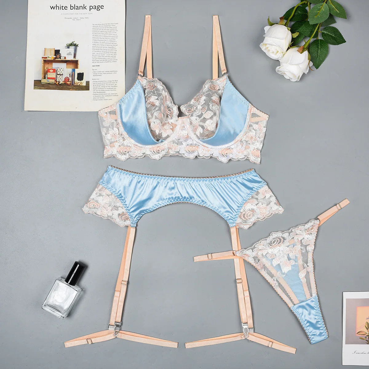 Women Sexy Floral Lace Exotic Set Embroidery See Through Lingerie Bra Set Micro Bikini Thong Underwear Bra and Panty Set