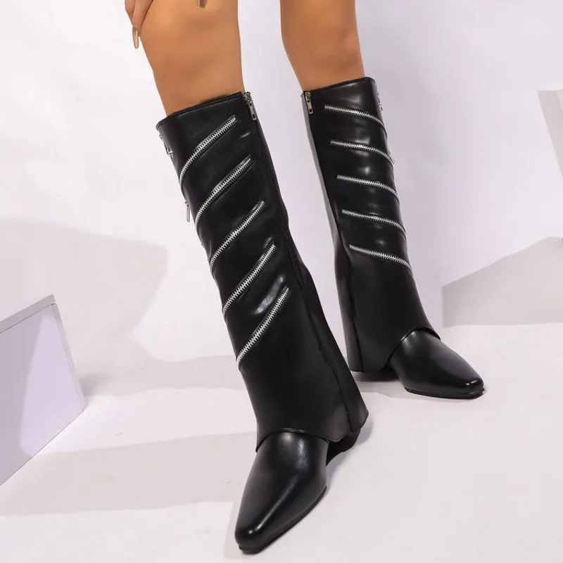 

Pointed Pleated High Barrel Boots for Women in Autumn 2024 Trendy Thin Heel Stacked Boots High Heel Below Knee Long Barrel Boots