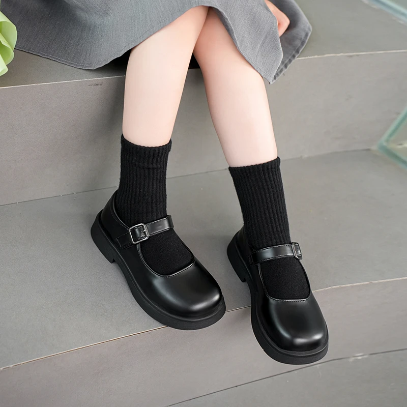 2024 New Girls Leather Shoes Versatile Buckle Black Children Casual School Shoes PU Non-slip Kids Fashion Loafers Korean Style