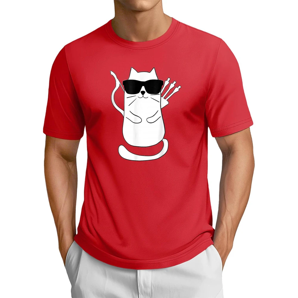 Funny Cat Cartoon Archer Bow Shooting Retro Graphic Printed T-Shirt Classics Casual Fashion Loose Harajuku Man Women Tees