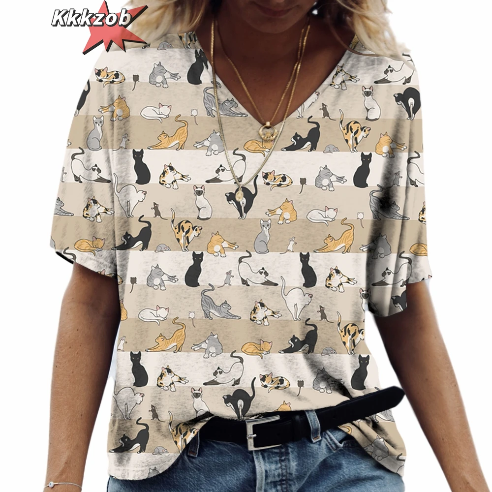 Anime Cat Print Women's T Shirt 2024 Fashion Harajuku Clothes V-Neck Oversized Short Sleeve Tees Women Casual Streetwear Blouse