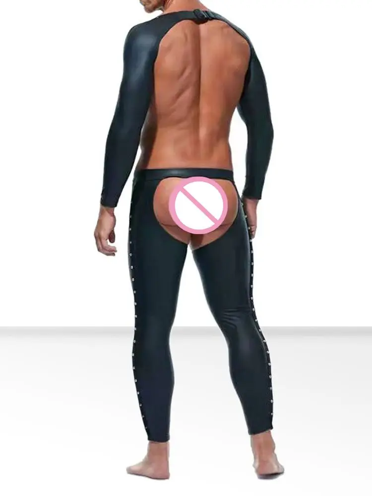 Faux Latex Elastic PU Leather Mens Convex Pouch Trousers Hollow Out Cosplay Eyelets Rivets Punk Pantalon Hot Sexy Leggings Pants
