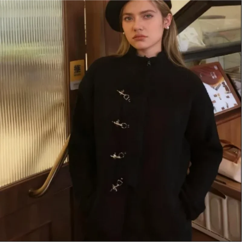 Casual Women\'s Jacket Irregular Slanted Collar Metal Button Black Coat Loose Long Sleeve Short Outwear 2025 New Autumn Lady Coat