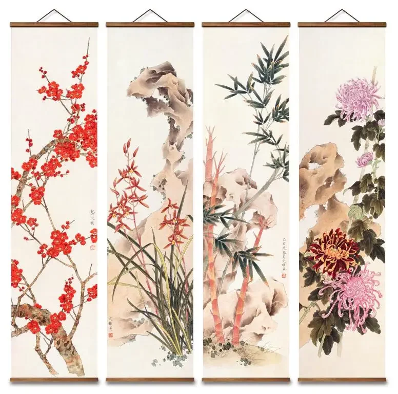 MT0904 Chinese Style plum chrysanthemum bamboo Canvas Decorative Wall Art Posters Solid Wood Scroll Paintings