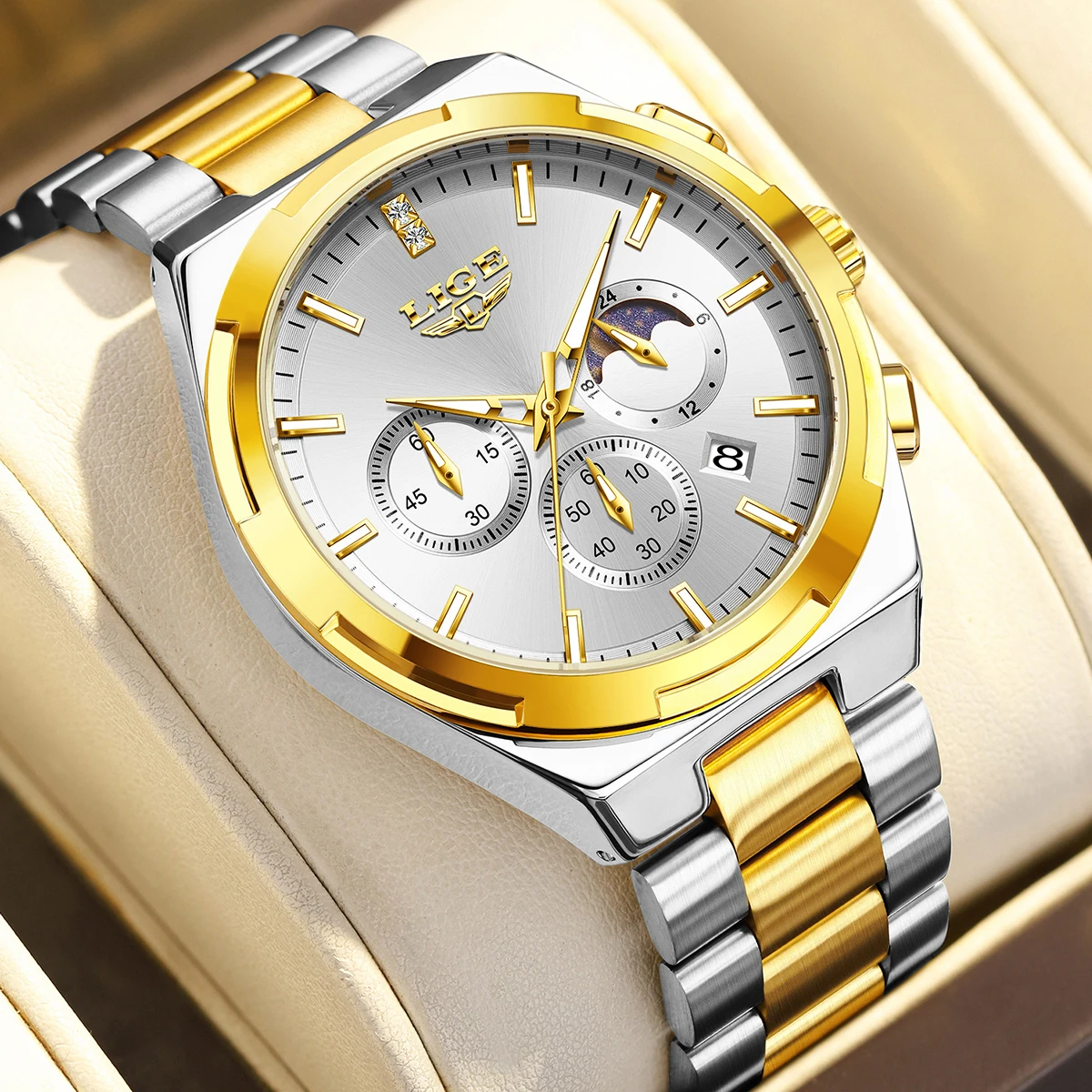 LIGE 2026 Man Watches Luxury Waterproof Luminous Chronograph Men Wristwatch Stainless Steel Moon Phase Men's Quartz Watches+Box