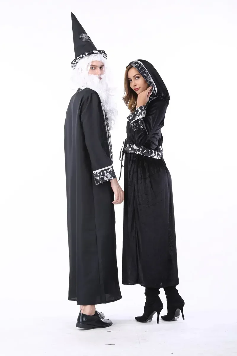 Renaissance Medieval Dress Robe Women Men Gothic Witch Queen Dresses Black Print Skeleton Vampire Gown Halloween Costume