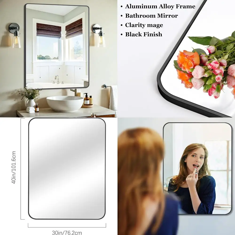

Черное зеркало для ванной комнаты, настенное зеркало 30 x 40 с металлическим каркасом, декоративное прямоугольное косметическое зеркало для спальни, ванной комнаты, гостиной Ro