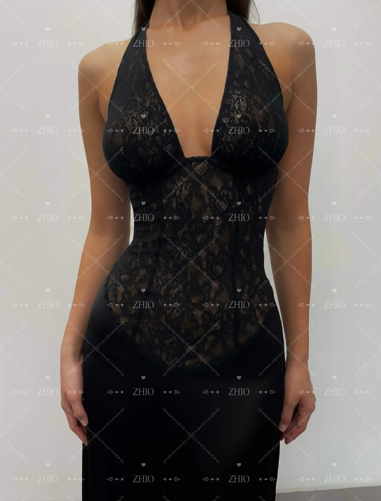 ZHIO Elegante abito da sera nero Halter Backless in raso con sirena in pizzo Lunghezza pavimento Occasioni formali Abito da ballo per feste Personalizzato