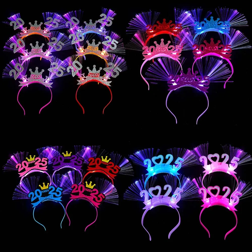 LED Glow 2025 Happy New Year Headband Number Letter Snake Shape LED Glow Hair Bands Optic Fiber Light Up Colorful