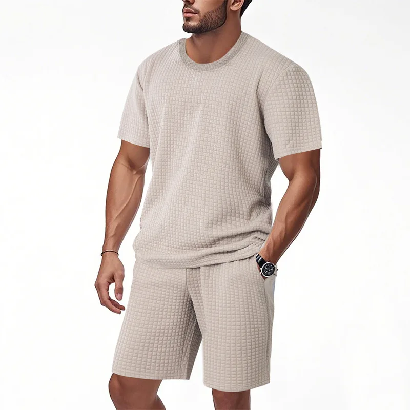 

Cross-border summer new men's short-sleeved suit, heavy jacquard small checkered crew neck casual shorts suit, men's