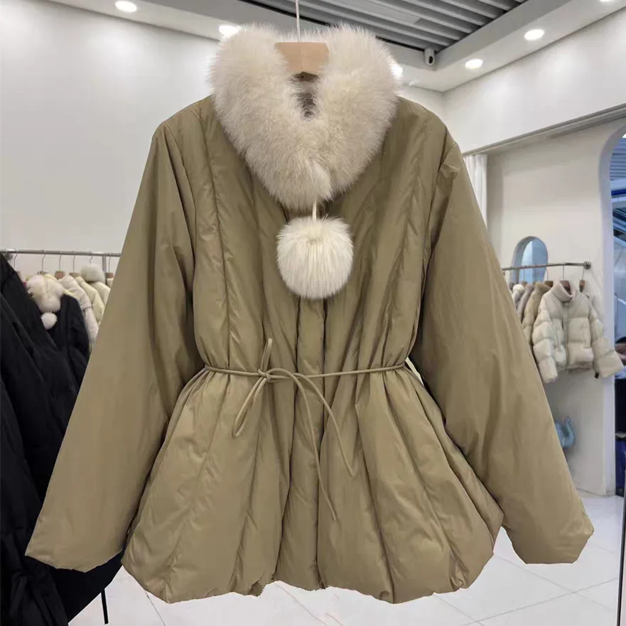 الشتاء منتصف طول كبير ريال فوكس الفراء طوق الأبيض أسفل بطة سترة المرأة الأبيض بطة أسفل الرباط أبلى الإناث سترة مبطنة #6