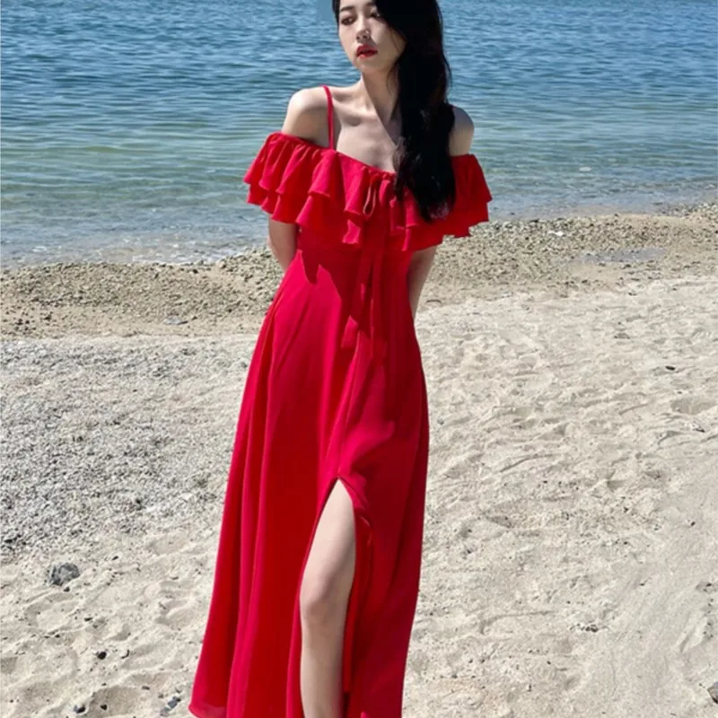 Vestido playero con tirantes, vestido rojo con escote Bardot