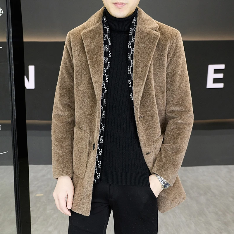 

2025 зимняя мужская куртка из искусственного норкового меха, теплая ветровка с толстым воротником, мужское длинное шерстяное пальто, повседневное деловое уличное пальто