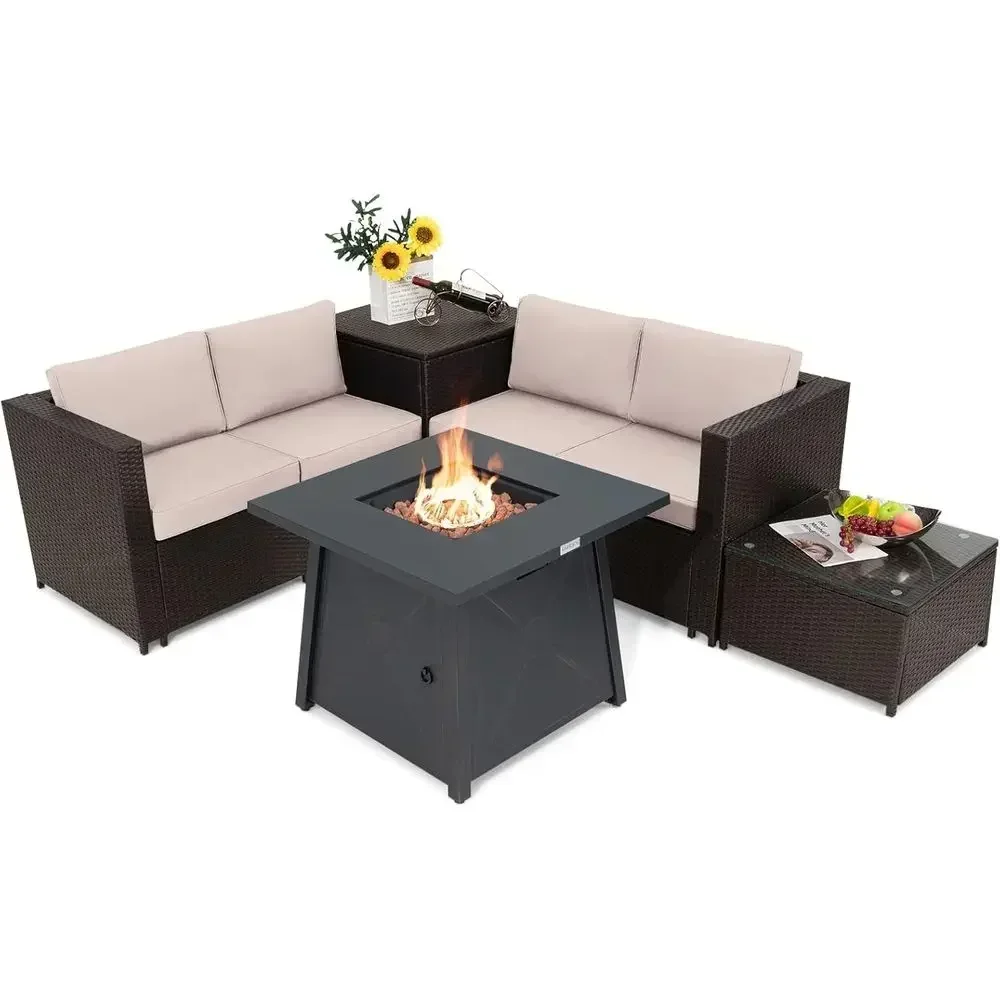 5-Piece Patio Furniture Set with Propane Fire Pit, Wicker Sectional with Cushions, Storage, and Glass Coffee Table