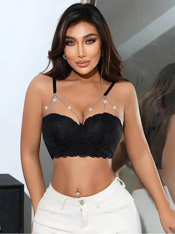 

Женские сексуальные кружевные бюстгальтеры без косточек с чашками 3/4, сексуальное женское белье с бриллиантовой цепочкой, подходит для свиданий, бюстгальтеры пуш-ап на косточках, антипровисающее нижнее белье