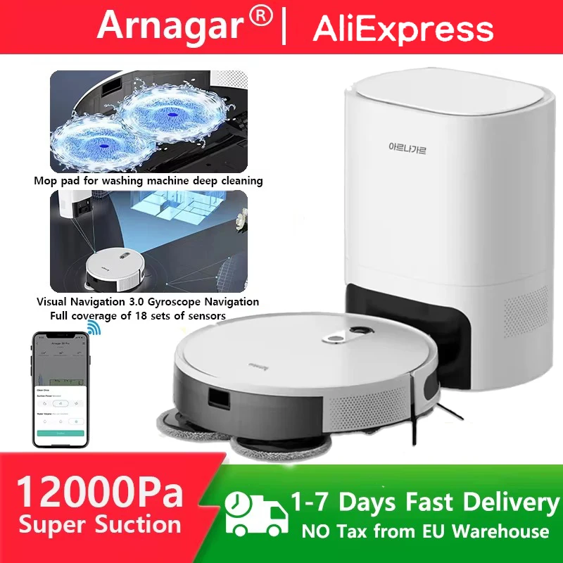 Arnagar Inteligentny Robot Odkurzający z Funkcją Mopowania, Samoczynne Opróżnianie, Sterowanie przez Aplikację, Odkurzacz 12000Pa VSLAM 5200mAh, Niski Poziom Hałasu, Do Czyszczenia Dywanów