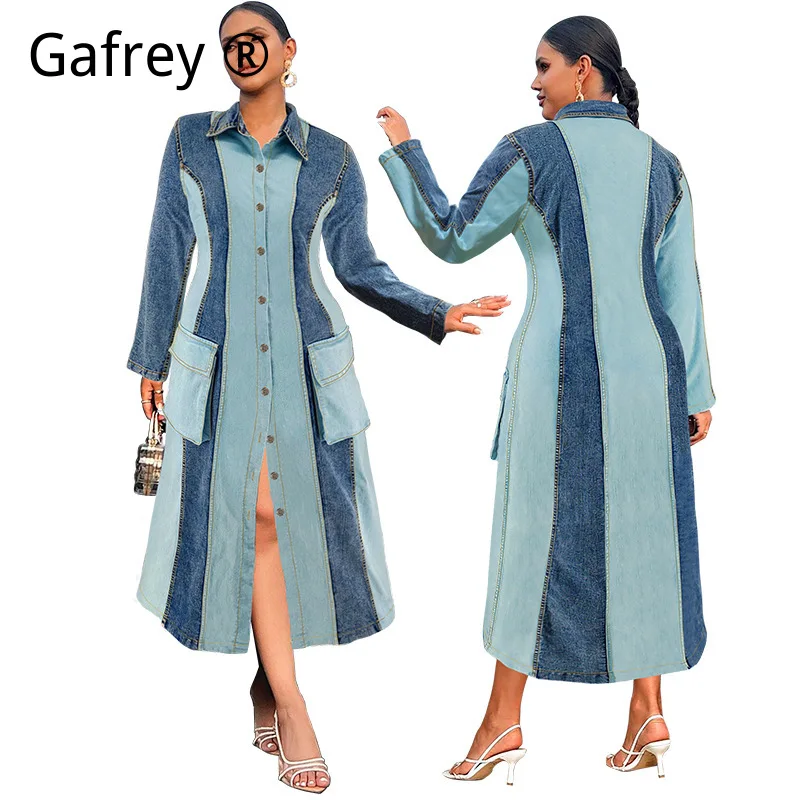 Women Plus Size XXXXL Denim Patchwork Collar Long Sleeve Dress Fashion Casual Boho Chic Outfit for Women's Spring 2026