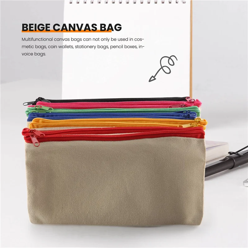 

JIULIN 12 Pack Blank Canvas Makeup Bag,Bulk Cosmetic Bags With Multi-Color Zipper,Canvas Zipper Pencil Case Pouch,DIY Craft