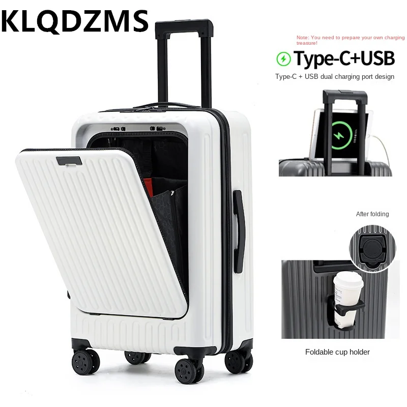 KLQDZMS ABS+PC Suitcase 20 Inch Front Opening Laptop Boarding Case 24"26" USB Charging Port Trolley Case Women's Cabin Luggage