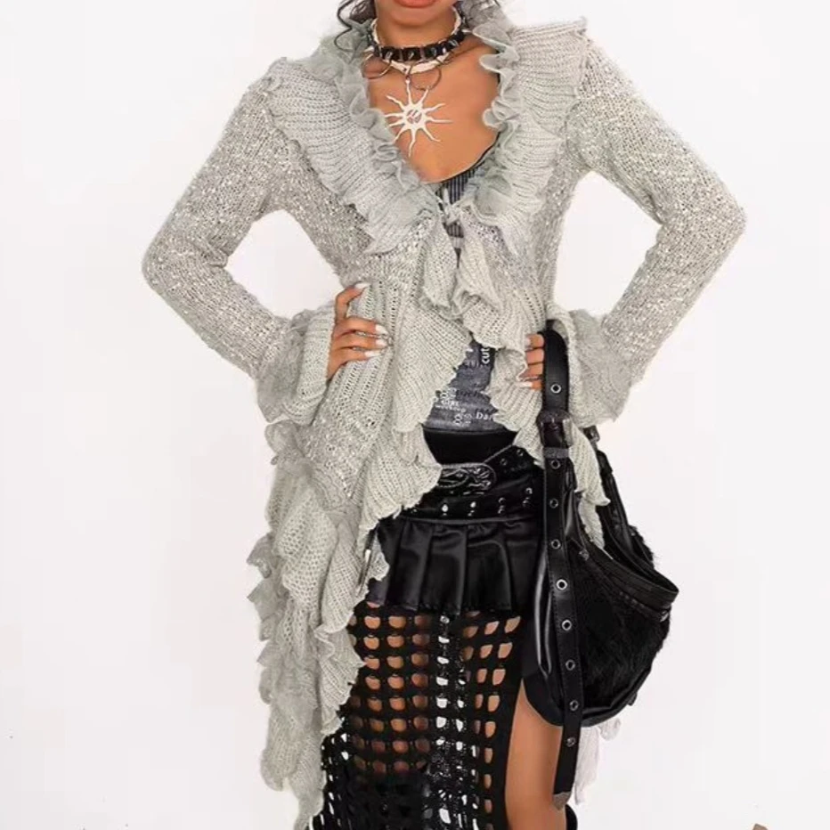 

Винтажный кружевной вязаный свитер, пальто с v-образным вырезом и расклешенными рукавами, оборками, ретро-кардиган, женские свитера, длинное пальто, женские джемперы