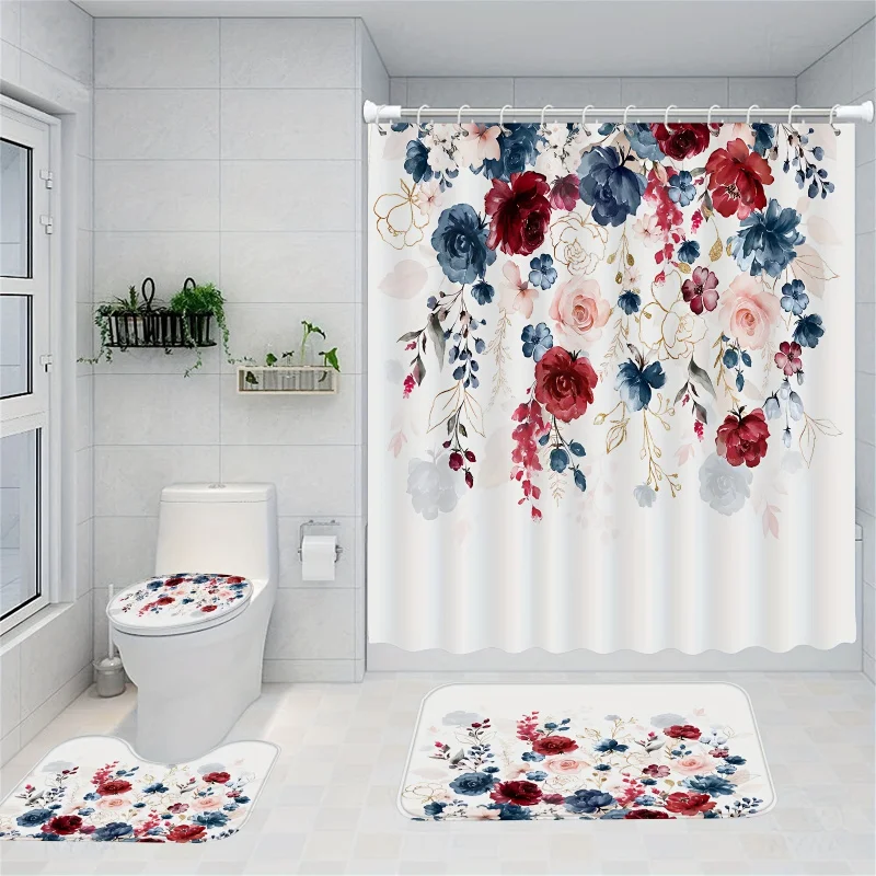 4pcs Watercolor Floral Pattern Shower Curtain Set, Waterproof Bath Curtain With 12 Hooks, U-shaped Mat, Toilet Cover Mat, L-sh