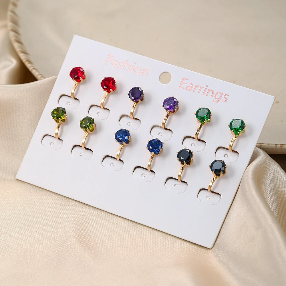 6 Pairs/set Luxury Female Round Colorful Zircon Stone Clip on Earrings Fashion Vintage Gold Non Pierced Ear Clips For Women Gift