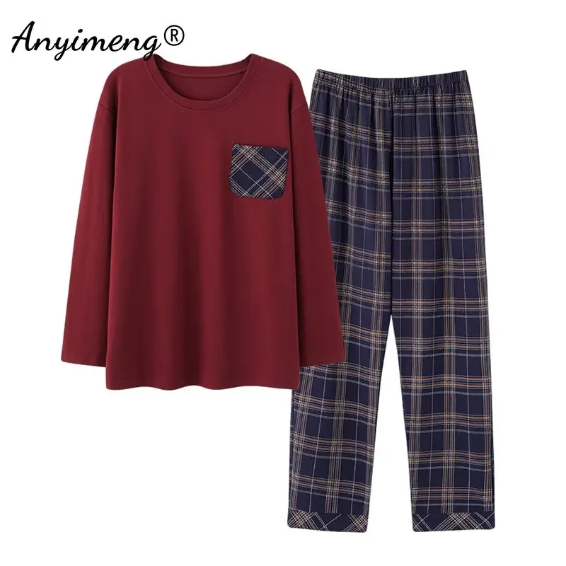 

L-4XL Men's Pajamas Set Autumn Winter Knitted Cotton Casual Sleepwear for Man Full Length Pijamas Elegant Male Pyjamas Nightwear