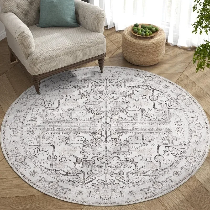 

Round Rug 5ft Vintage Machine Washable Area Rug Kitchen Indoor Circle 5' Ultra-Thin Non-Slip Floral Print Carpet for Farmhouse