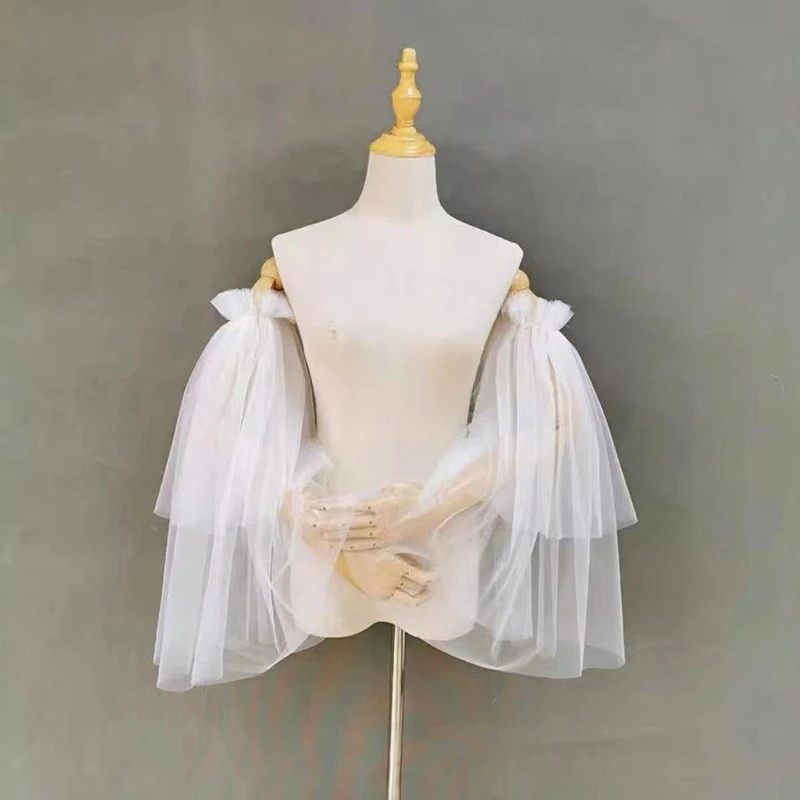 

Bride Wedding Gloves Gauze Summer Fairy Sweet Long Removable Puff Sleeves White Tulle Party Dress Accessory