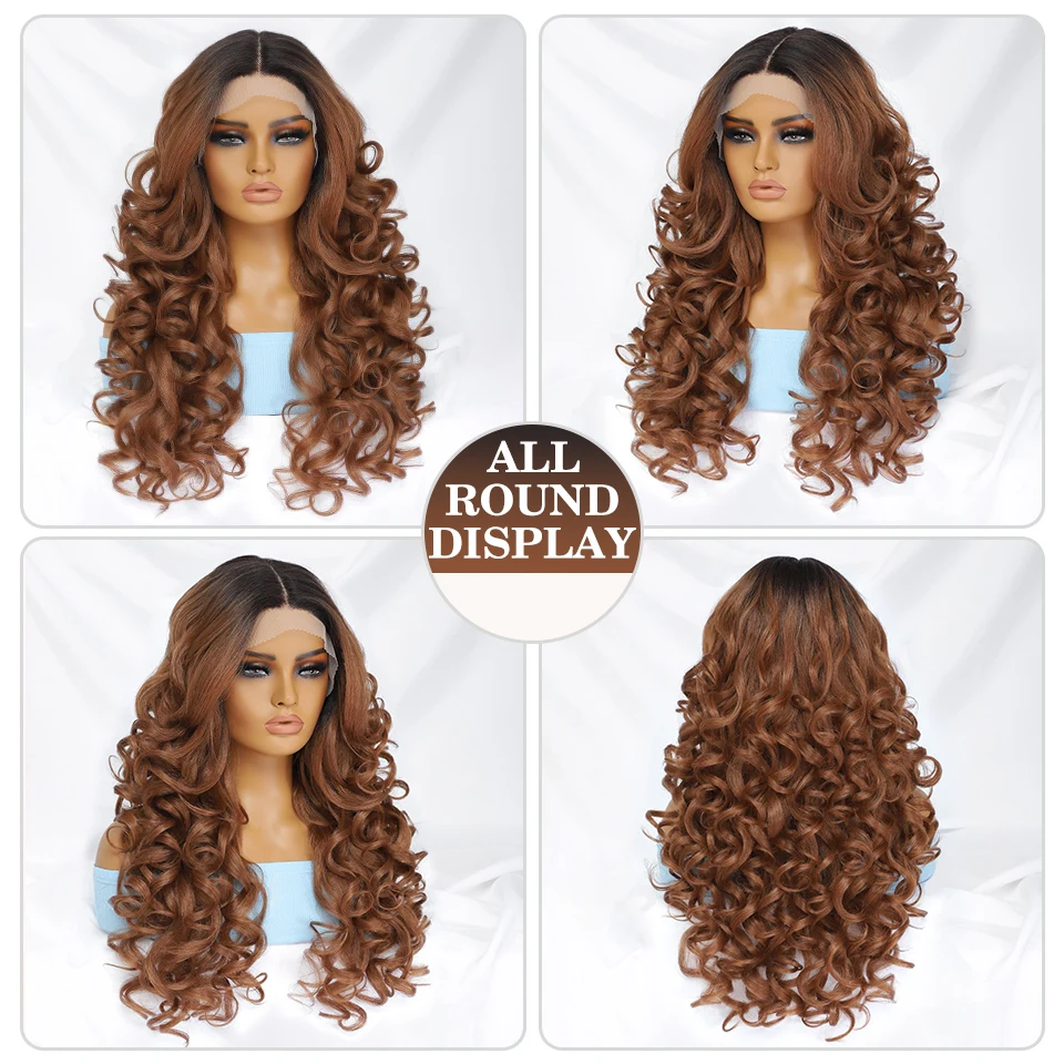 Schwarzbraune lockige Perücke, synthetische Lace-Front-Perücken für Frauen, blond, orange, weibliche Spitze-Perücke, 13 x 4,5 x 1, Cosplay-Haar, täglicher Gebrauch – Detail 9