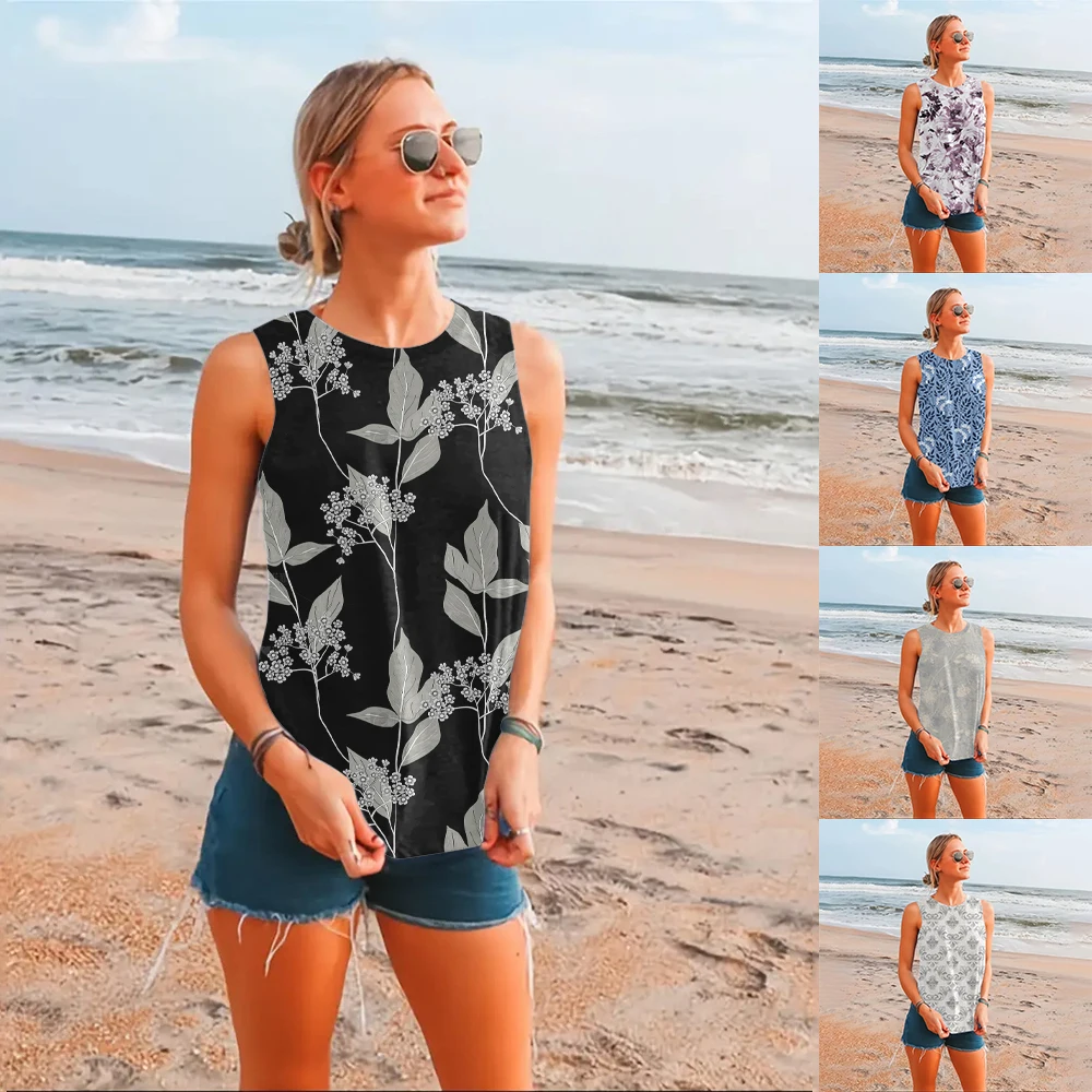 Elegant And Fashionable Women's Round Neck Fresh Plant Flower Summer Casual Breathable And Refreshing Sleeveless Vest Y2T