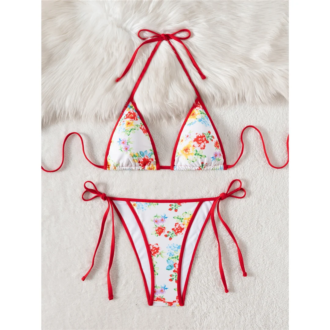 Sexy, rot gemustertes, hoch geschnittenes Damen-Bikini-Set mit Blumenmuster, zweiteiliger Badeanzug, Badebekleidung, Badeanzug, Modell V7058. – Detail 5