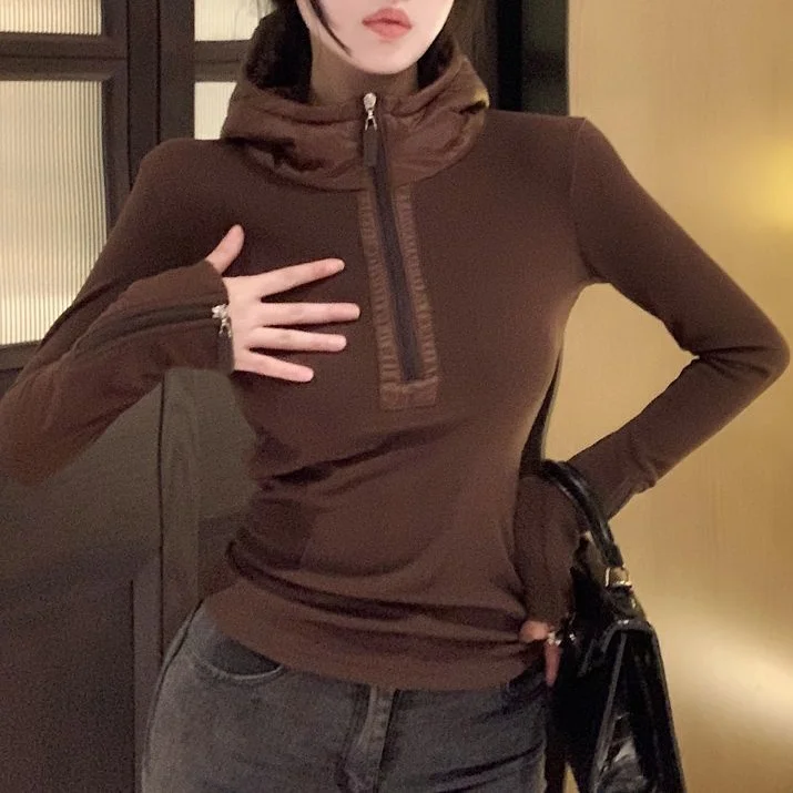 Niche Half Zipper Hooded T-shirt for Women Autumn Winter Soft Slim Fit Long Sleeved Bottom Shirt Cuff Half Zipper Collar Hoodie
