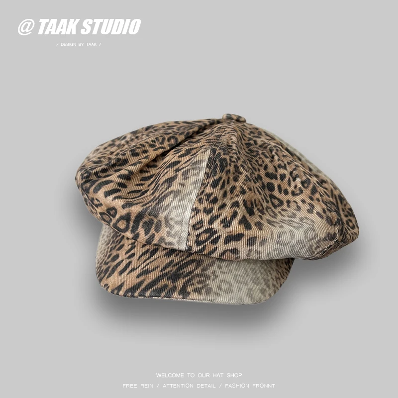 

Y2K Fashion Leopard Print Berets for Women Spring and Autumn Travel Casual Versatile Show Face Small Niche Retro Octagonal Hats