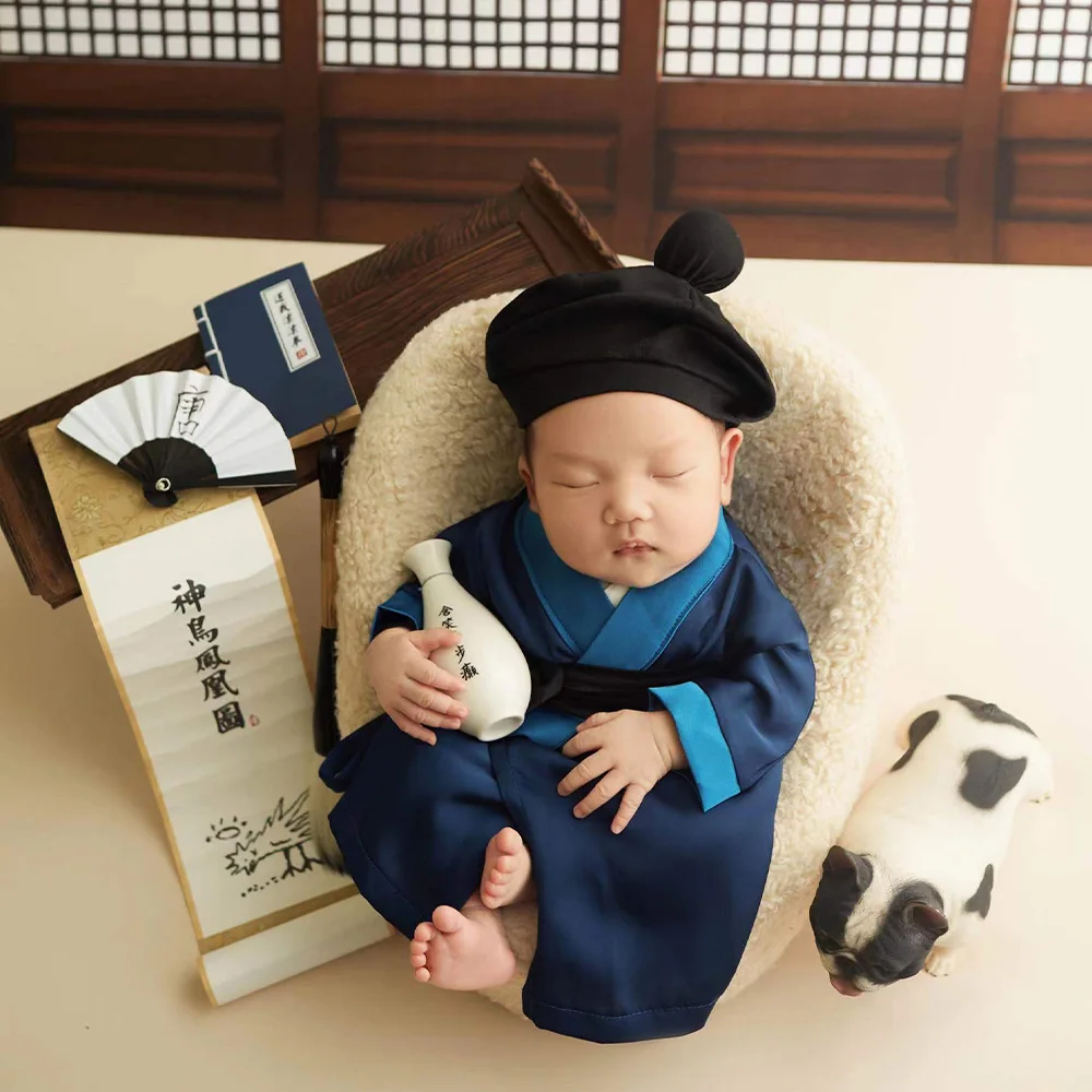 Baby Boy Newborn Photography Outfits Ancient Chinese School Themed Clothes Table Brush Book Painting Scroll Studio Photo Props