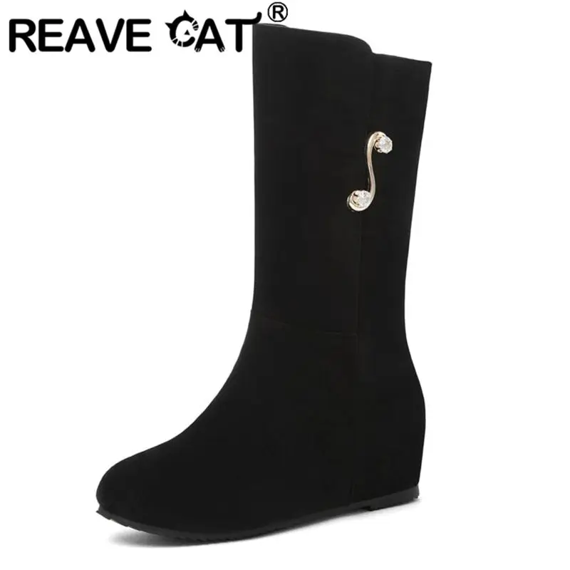 REAVE CAT الكلاسيكية النساء منتصف العجل الأحذية قطيع الجلد المدبوغ جولة تو زيادة الكعوب 3 سنتيمتر الديكور 33 41 42 43 اليومية بوتا